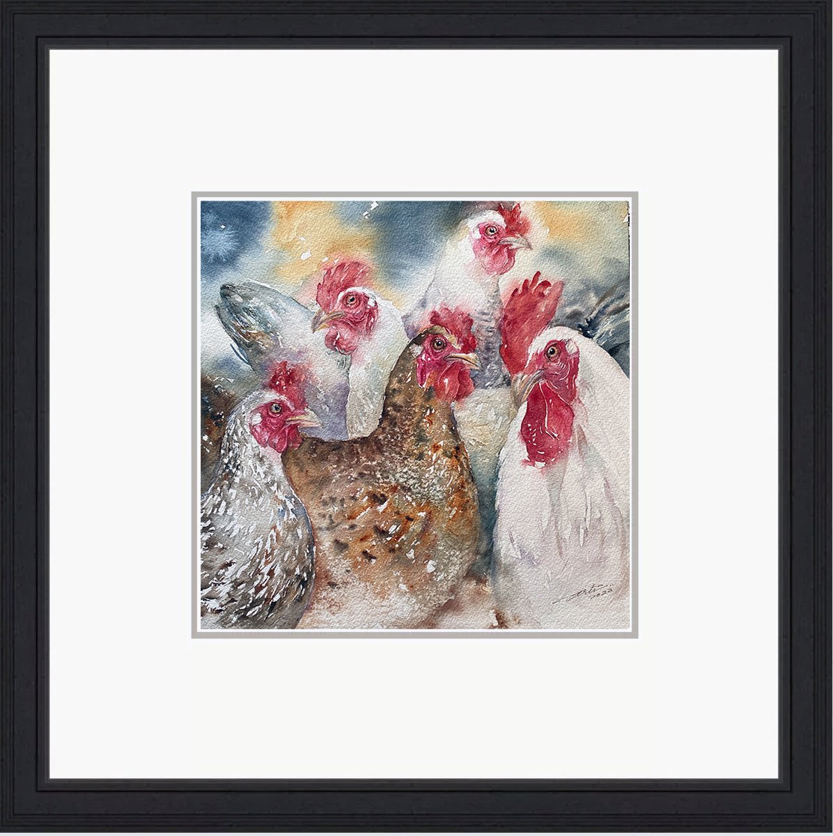 Photorealistic Animal Watercolour By Arti Chauhan, 16 X 16, Cluck Corterie_ Roosters, Original Artwork
