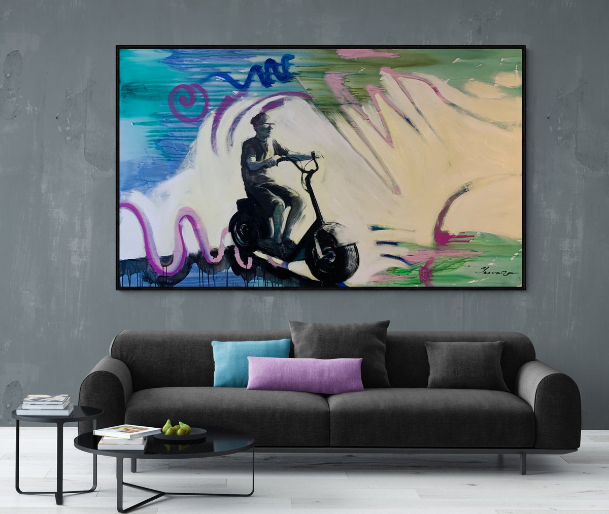 XXl Big painting - Warm wind - Pop Art - Sport - Electric scooter - Bike - Motorcycle - by Yaroslav Yasenev