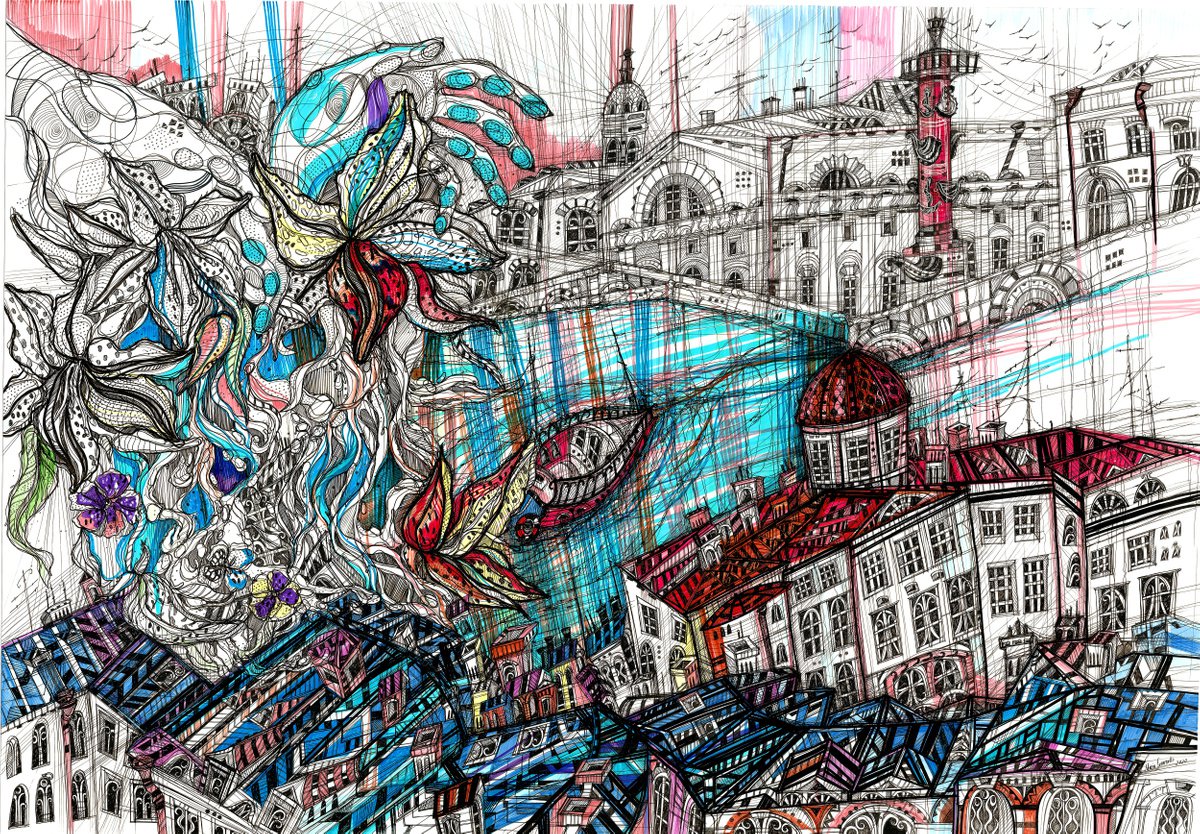 Impressionistic Cityscapes Painting By Maria Susarenko, 40 X 28", Water Lilly, Original Artwork