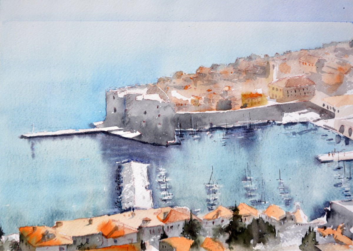 Impressionistic Landscape Watercolour By Nenad Kojic, 15 X 11", Sunny Day Above Dubrovnik Croa, Original Artwork