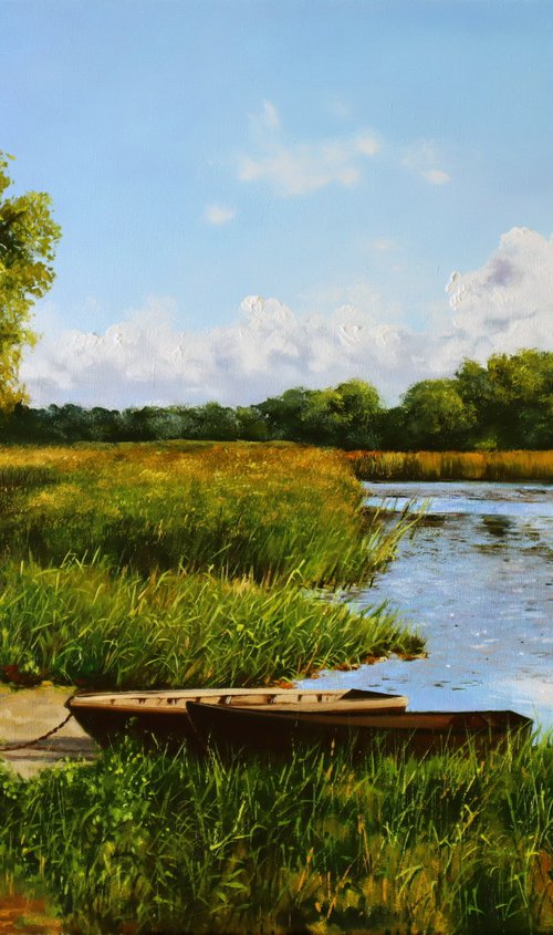 Old wooden boats on the river bank, Serene Summer Landscape by Natalia Shaykina
