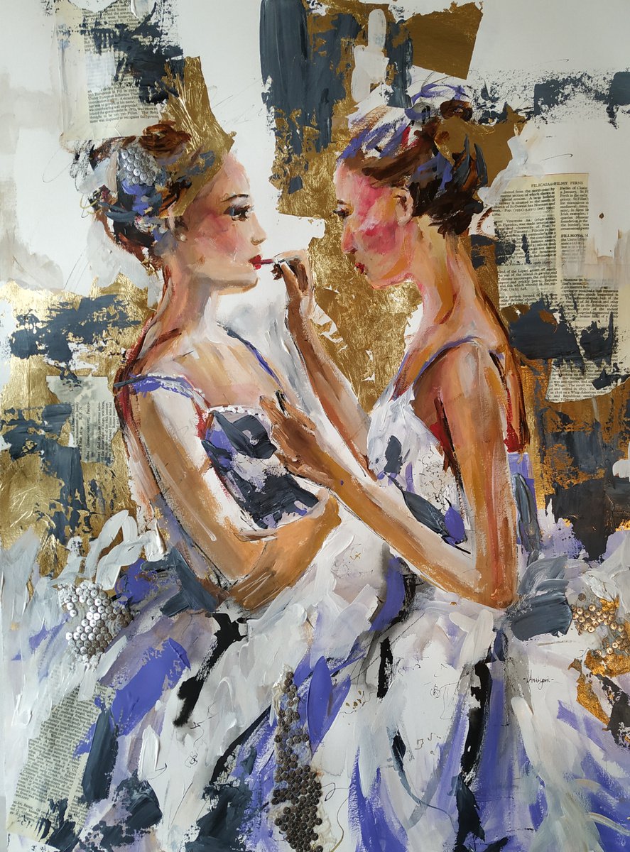 Two Ballerinas - Mixed Media Painting on Paper-Two Ballerinas by Antigoni Tziora