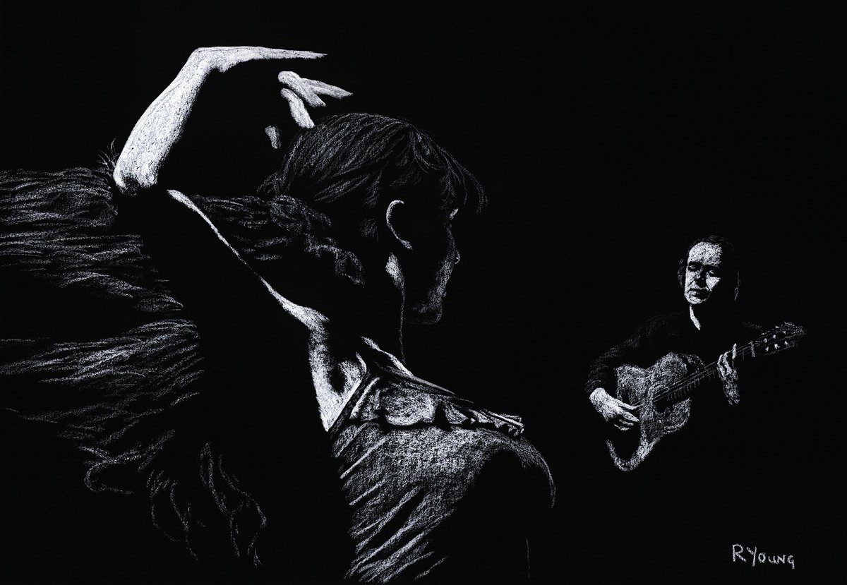 Photorealistic Portrait Pastel Drawing By Richard Young, 28 X 20", Flamenco Recital, Original Artwork