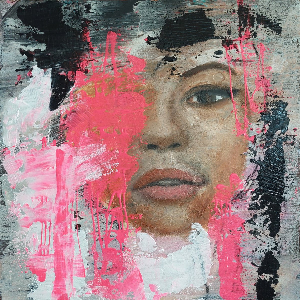Abstract Portrait Painting By Els Driesen, 20 X 20, Black Female, Original Artwork