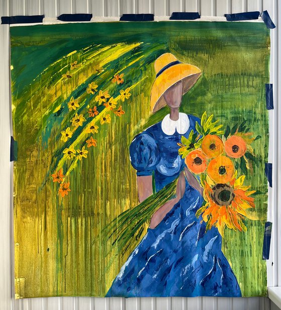 Woman with Sunflowers Painting