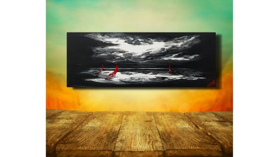 Red Sails on a Black and White canvas