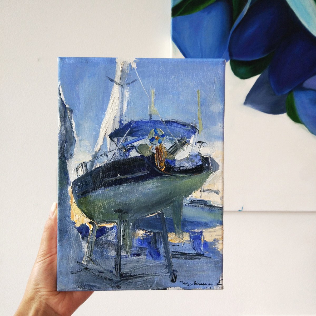 Impressionistic Landscape Oil Painting By Helen Shukina, 7 X 10, Yahts In The Port. Italy, Original Artwork