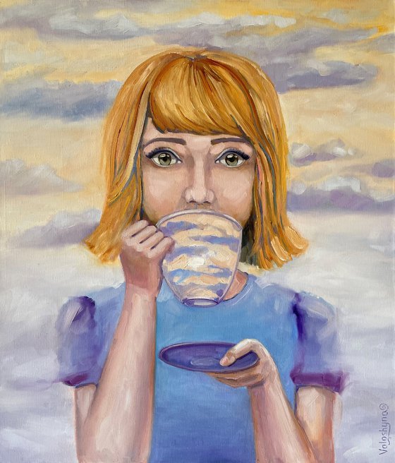 "The sun in a cup". Portret. girl original oil painting. Surrealistic