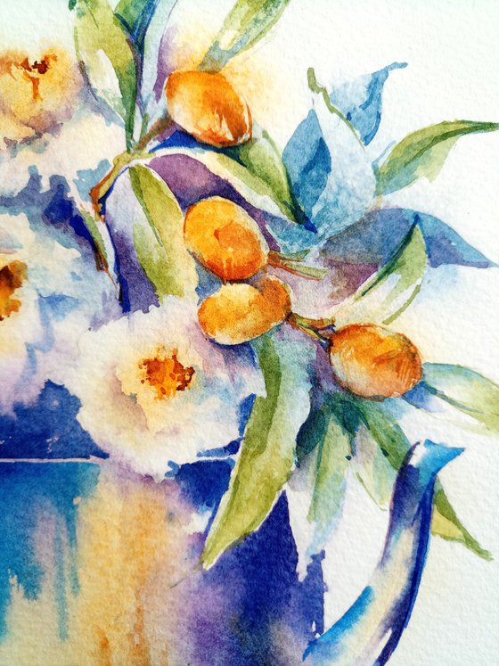 Modern still life "Bright Days of Autumn" original watercolor sketch