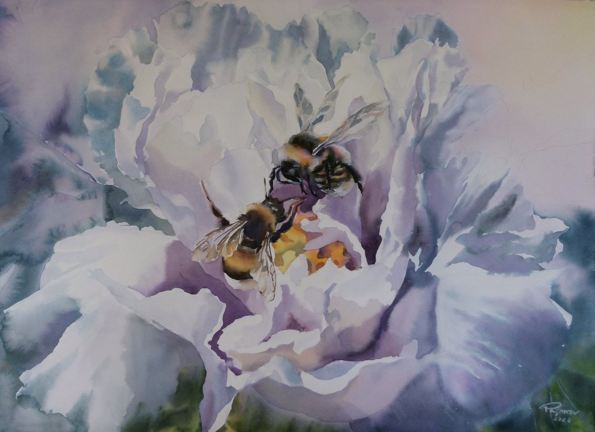 Impressionistic Botanical Watercolour By Yurii Pashkov, 30 X 22", Bumblebees, Original Artwork