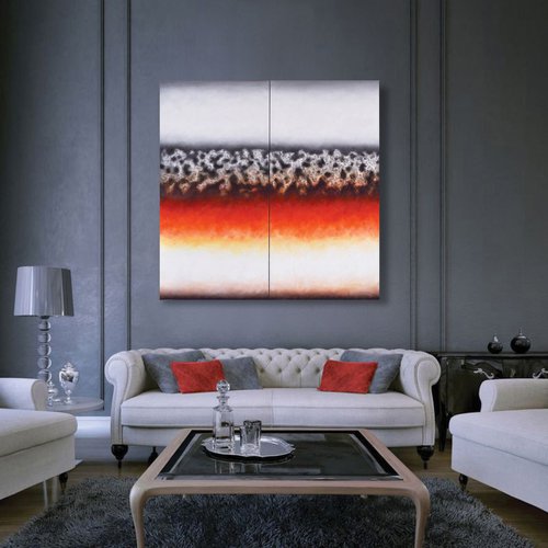 120×120 Diptych White/Black/Red/Silver Large Abstract Wall Decor Oil Painting by Waldemar Kaliczak