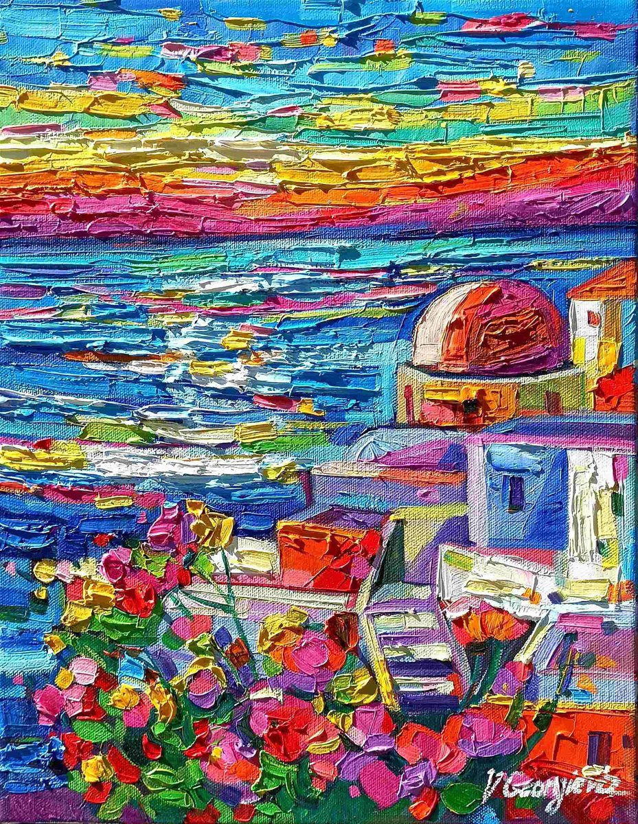 Expressive Landscape Oil Painting By Vanya Georgieva, 14 X 18", Colorful Santorini, Original Artwork