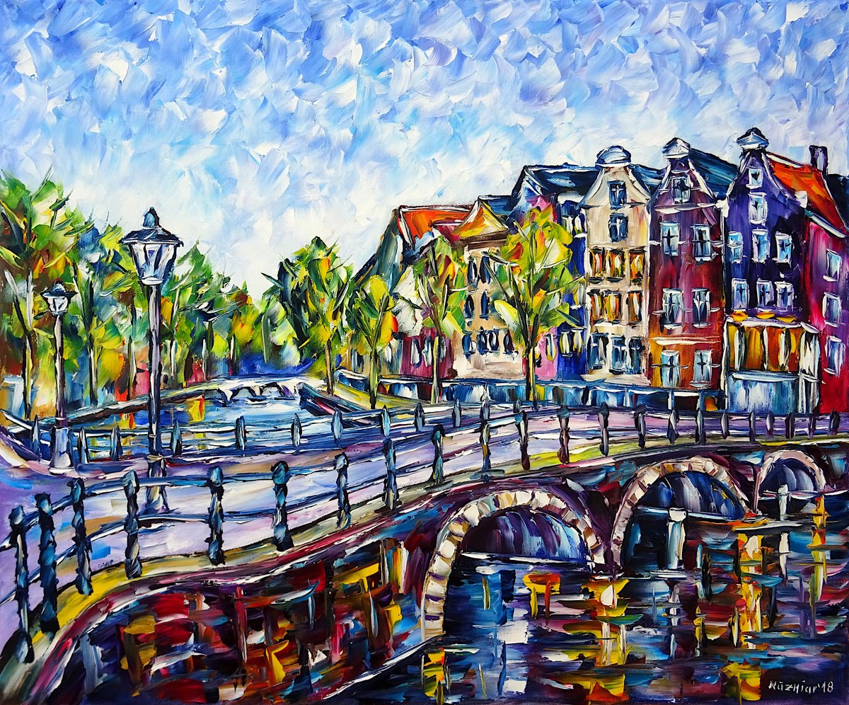Expressive Cityscapes Oil Painting By Mirek Kuzniar, 24 X 20", The Canals Of Amsterdam, Original Artwork