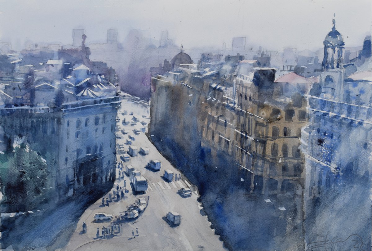 Impressionistic Cityscapes Watercolour By Goran Zigolic Watercolors, 22 X 15, Barcelona Aerial View, Original Artwork