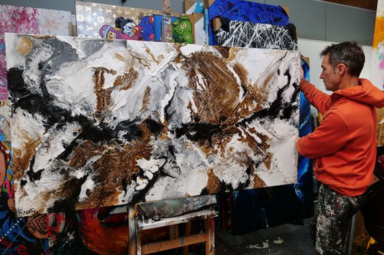 Rusted Black Ice 190cm x 100cm Brown Black White Textured Abstract Art