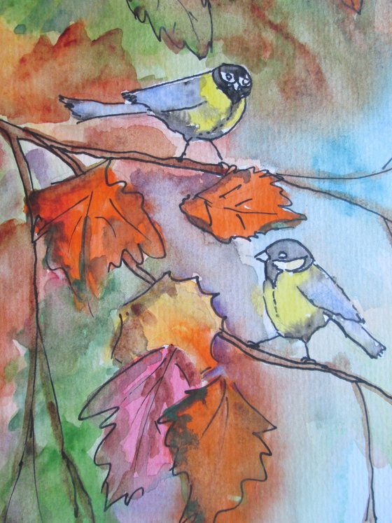 Two Birds in an Autumn Tree