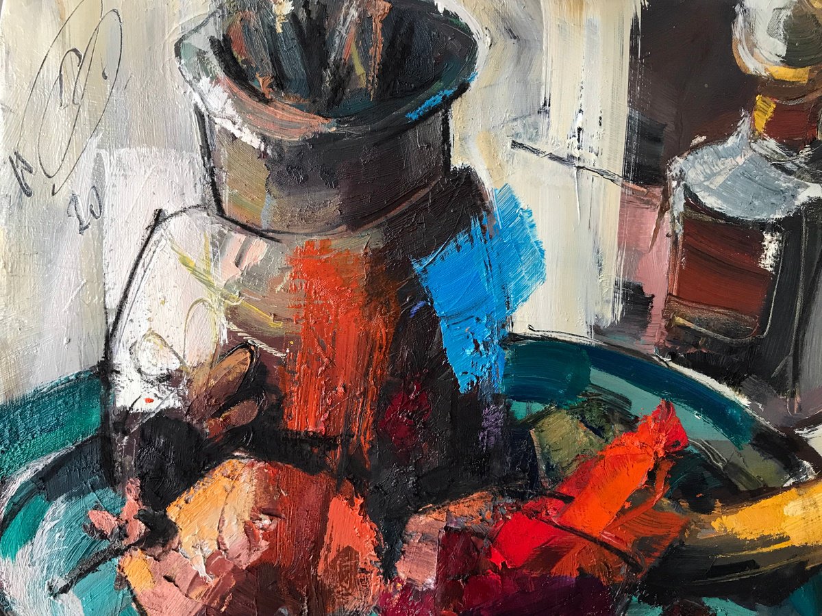 Impressionistic Botanical Oil Painting By Igor Yuryev, 20 X 20, On A Silver Tray, Original Artwork