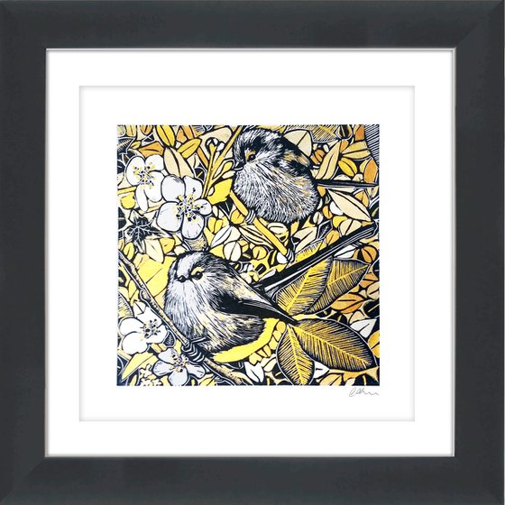 The hedgerow long tails - in golden watercolours - framed and ready to hang -(Aegithalos caudatus or long tailed tits)