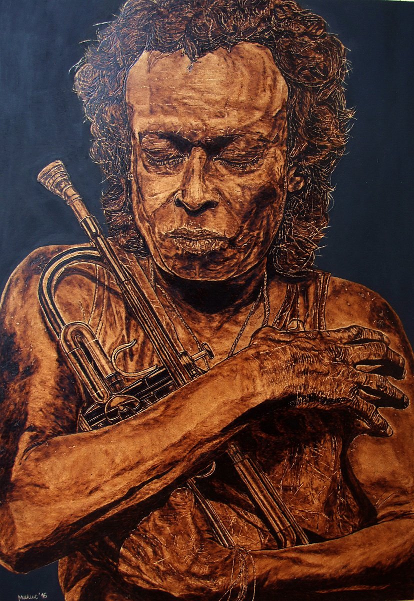 Expressive Portrait Painting By Milis Pyrography, 20 X 28", Miles Davis, Original Artwork