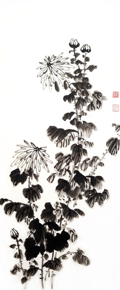 Ink monochromatic chrysanthemum - Oriental Chinese Ink Painting by Ilana Shechter