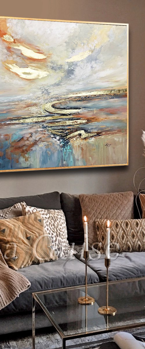 Dusk Till Dawn - Original Abstract Teal Blue Gray Gold Large Painting, Living Room Art, Minimalist Art, Wall Art Decor by Lana Guise