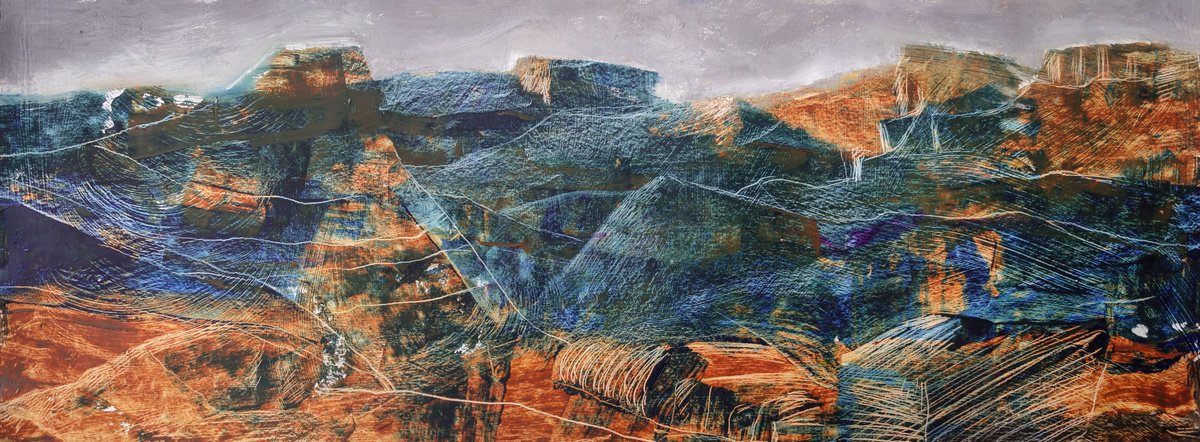 Abstract Landscape Oil Painting By Elizabeth Anne Fox, 33 X 12, Blue Landscape, Original Artwork