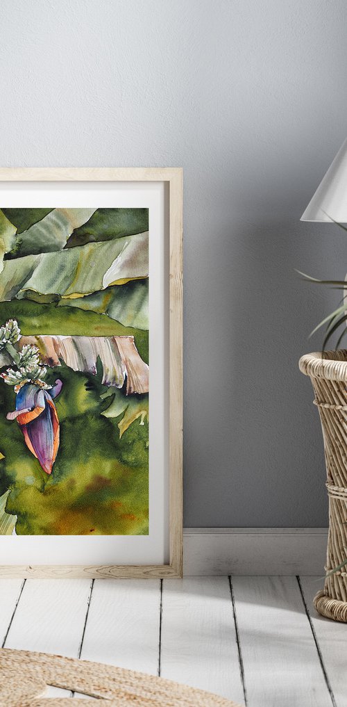 Banana trees - original watercolor tropical green palms by Delnara El