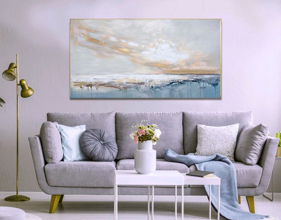 Peaceful - Sky Sea Abstract Painting, Original Modern Art, Gold Leaf Soft Colors Modern Textured Painting, Size: 48 x 28 inches (120 x 70 cm)