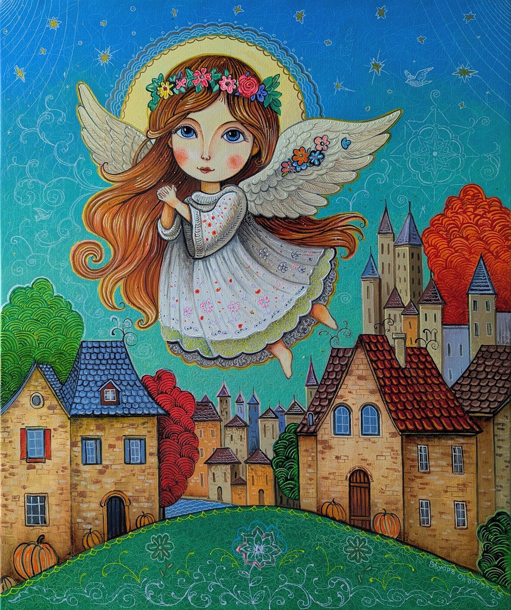 Naive Portrait Oil Painting By Stepan Ohanyan, 20 X 24", The Fairytale Blue Eyed Guardian, Original Artwork