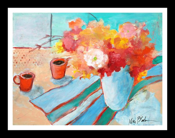 Morning Warmth Still Life Painting on Paper Vase of Flowers, Bouquet