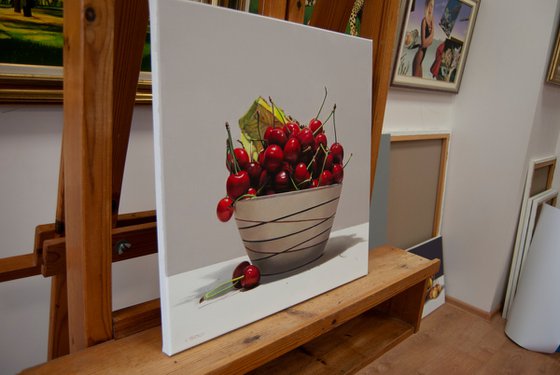 Still life with cherries II , Original oil on canvas painting