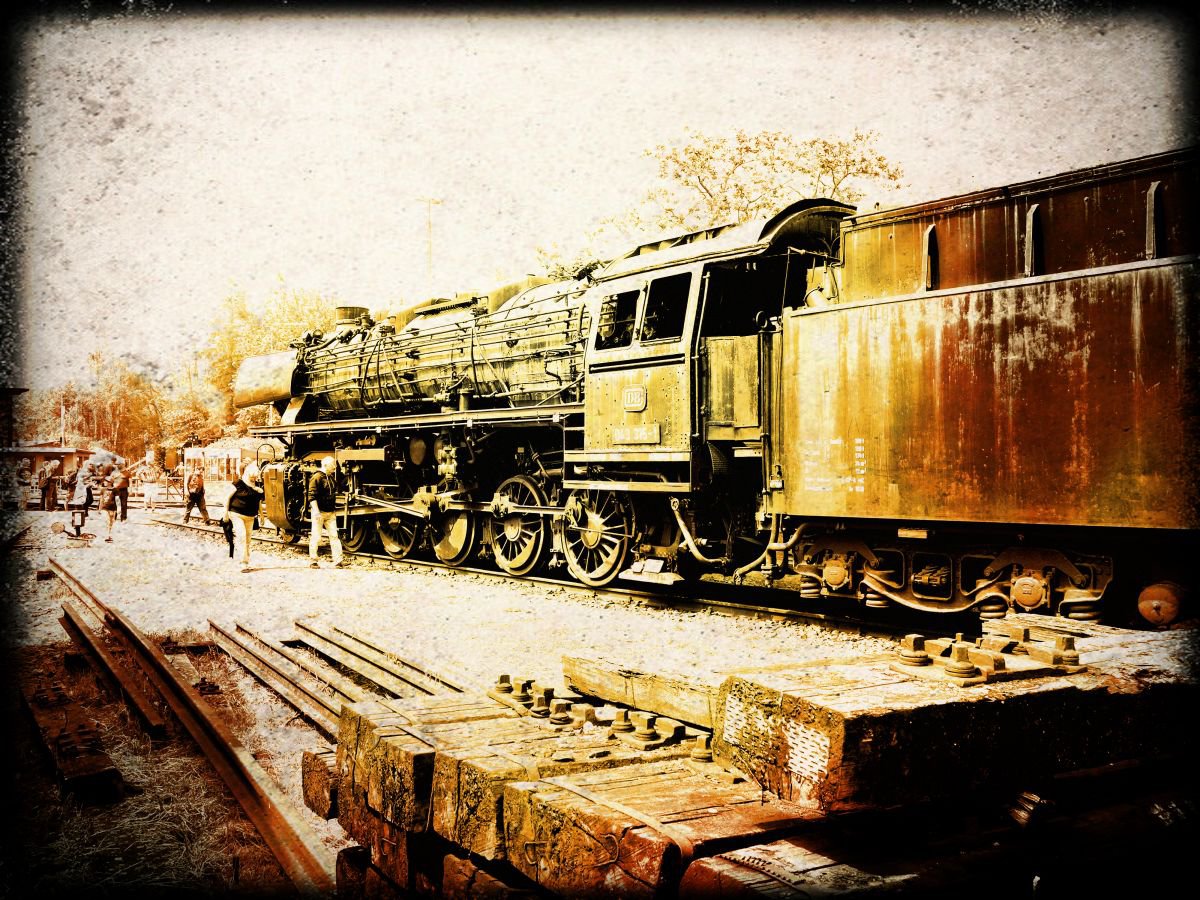 Old steam trains in the depot - print on canvas 60x80x4cm - 08337m2 by Kuebler