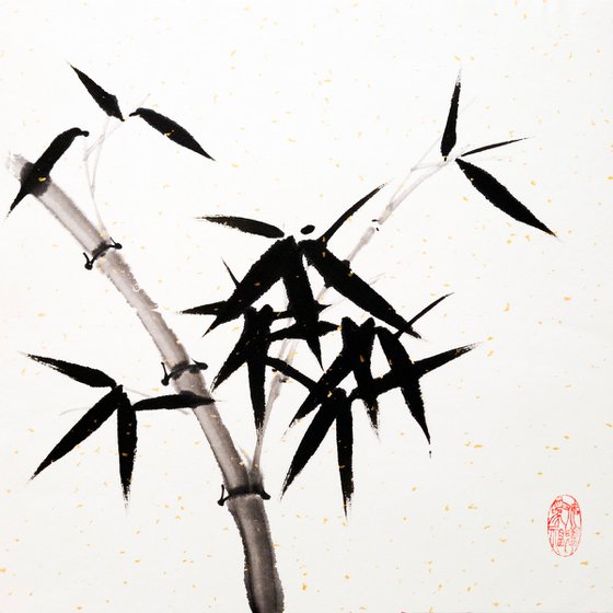 Sprig of bamboo on tinted gold sprinkle paper - Bamboo series No. 2118 - Oriental Chinese Ink Painting