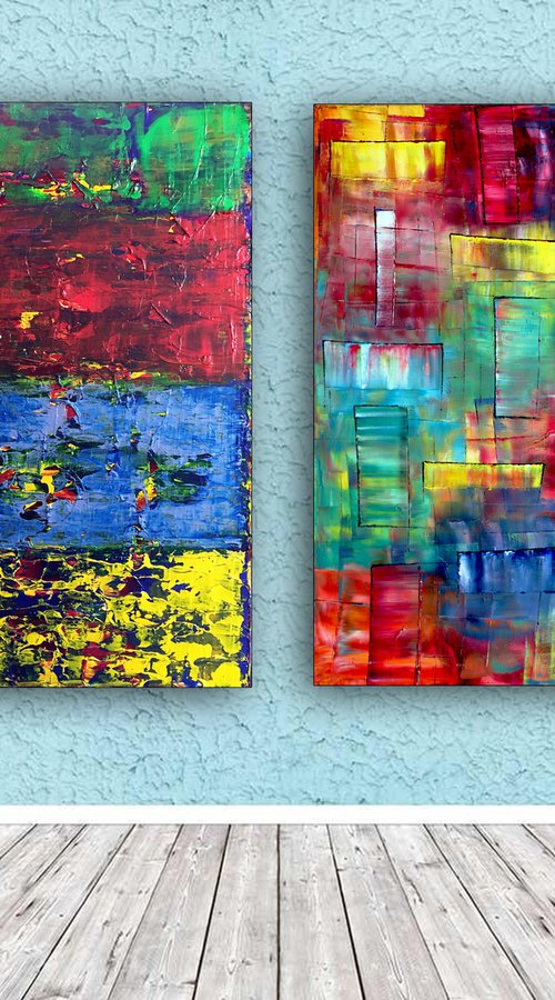 "Blind Date" - FREE USA SHIPPING - Original Large PMS Abstract Diptych Oil and Acrylic Paintings On Canvas - 48" x 36" by Preston M. Smith (PMS)