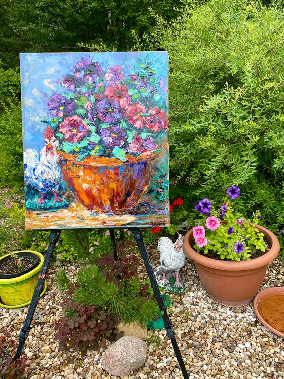 Country Life, 50*60, impressionistic oil still life garden flowers painting with impasto texture