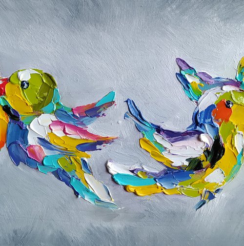 Dance in heaven - oil painting, kiss, birds, birds lovers, animals oil painting, Impressionism, palette knife, art bird, gift. by Anastasia Kozorez