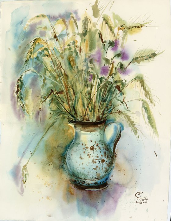 Still life with ears and wildflowers.