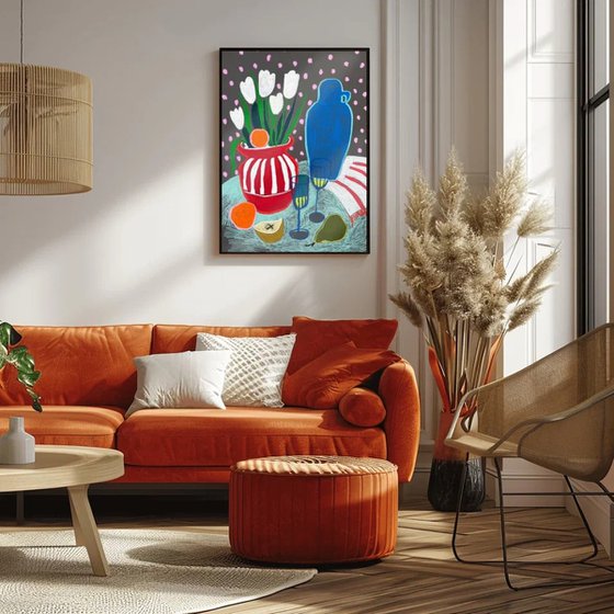 Tulips, Fruit and a Blue Visitor