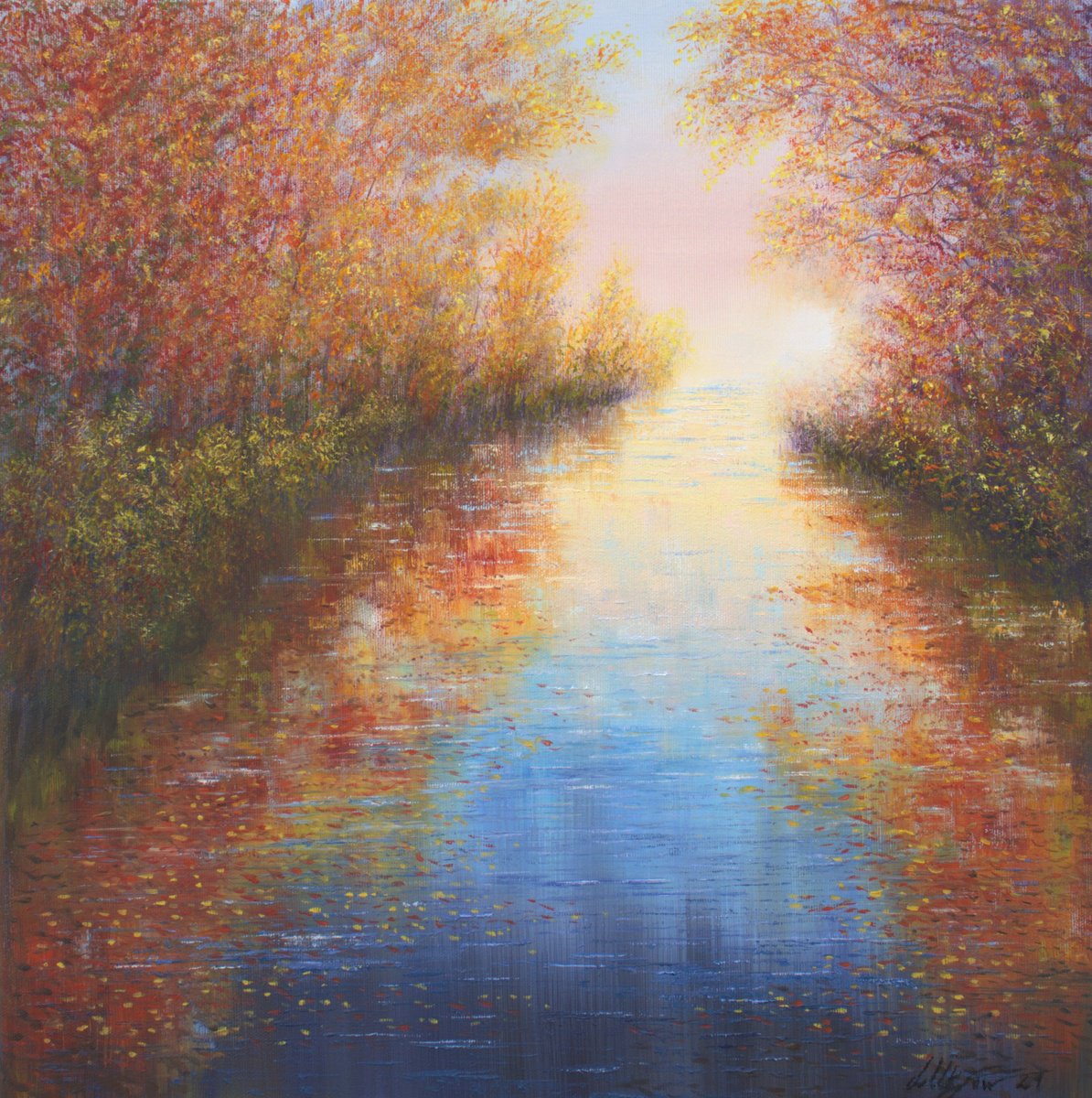 Expressive Landscape Oil Painting By Ludmilla Ukrow, 20 X 20", Autumnal Light, Original Artwork