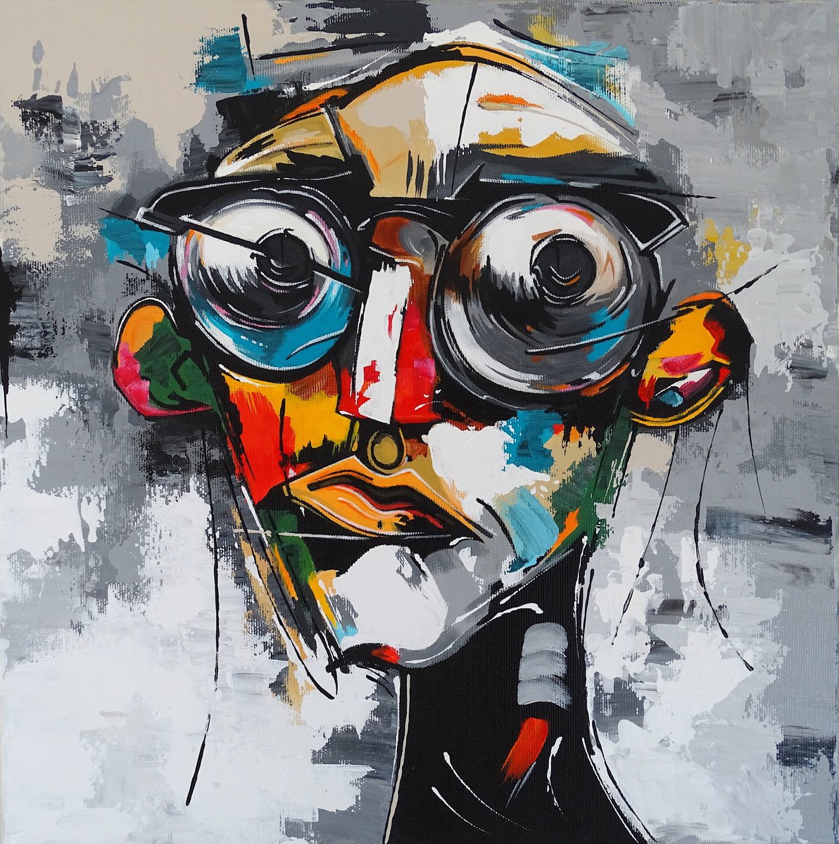 Abstract Portrait Acrylic Painting By Livien Rozen, 16 X 16", "Sorry!", Original Artwork
