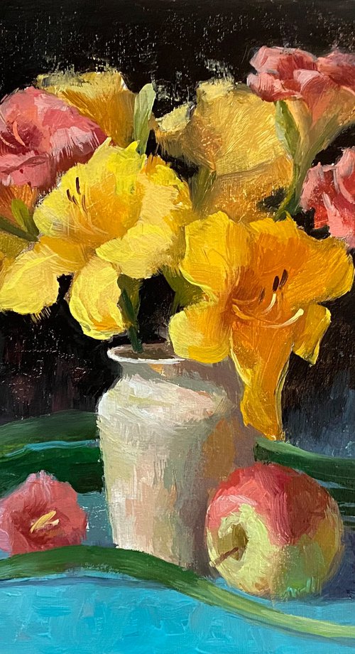 Yellow Lilies with Still Life by Ling Strube