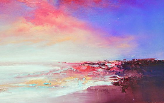 " Ruby Sunset" pink, gold, blue abstract seascape oil  painting