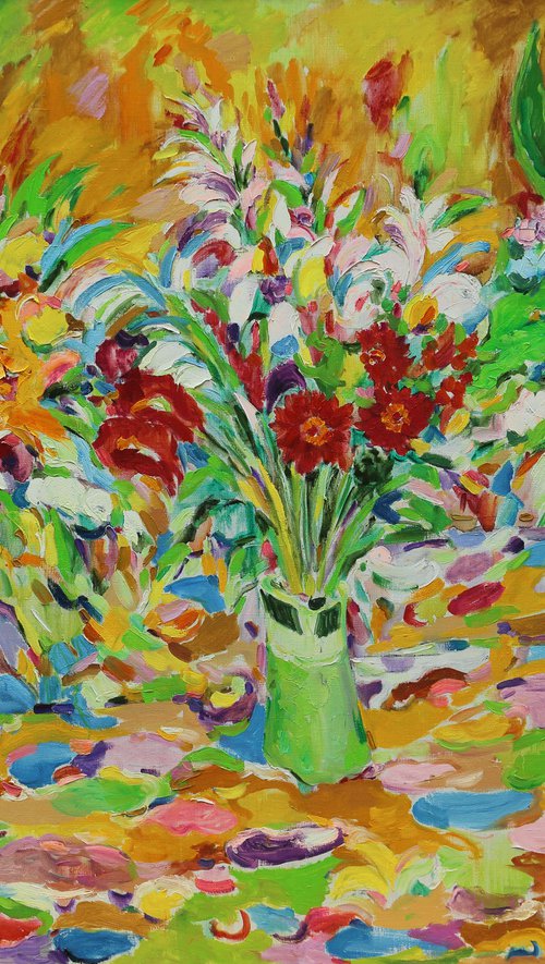 STILL LIFE WITH FLOWERS - floral art, vanity, original oil painting, large size by Karakhan