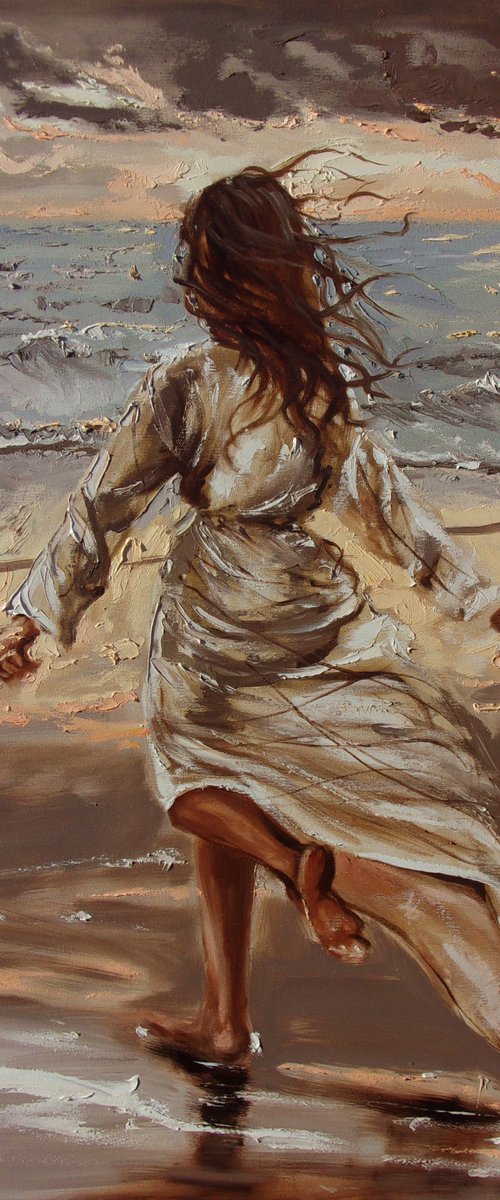 " DEEP BREATH ... "- SEA SAND liGHt  ORIGINAL OIL PAINTING, GIFT, PALETTE KNIFE by Monika Luniak