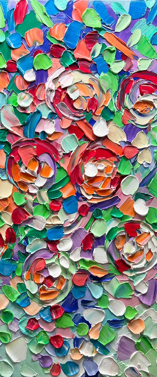 Roots of Love - 3D Textured Abstract Flowers Painting on Canvas, Original Green Red Blue Nature Textured Tree Painting - SIZE: 24 X 32 INCHES (60 X 80 CM) by Lana Guise