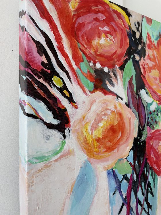 SMELLS LIKE PEONIES SPIRIT - 40 X 50 CM - FLORAL PAINTING ON CANVAS * RED *WHITE *GREEN