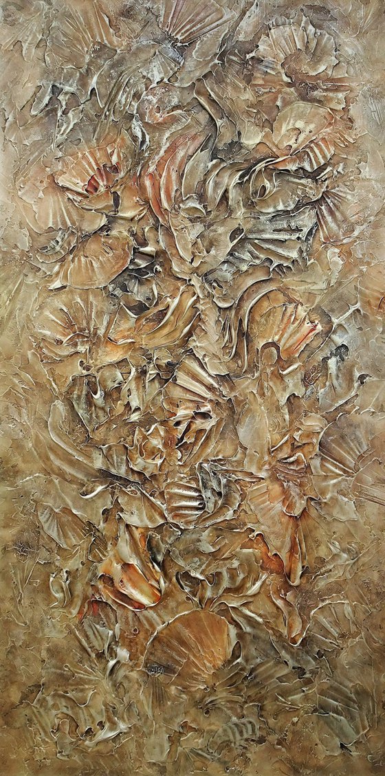 SEA SHELLS AND FOSSILS IN BROWN and GOLD. Abstract Vertical XXL Painting 3D Art