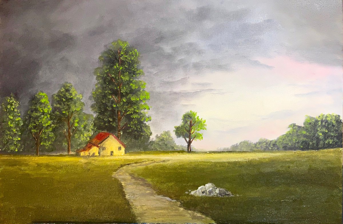 Impressionistic Landscape Acrylic Painting By Aisha Haider, 30 X 20, Glowing Landscape, Original Artwork