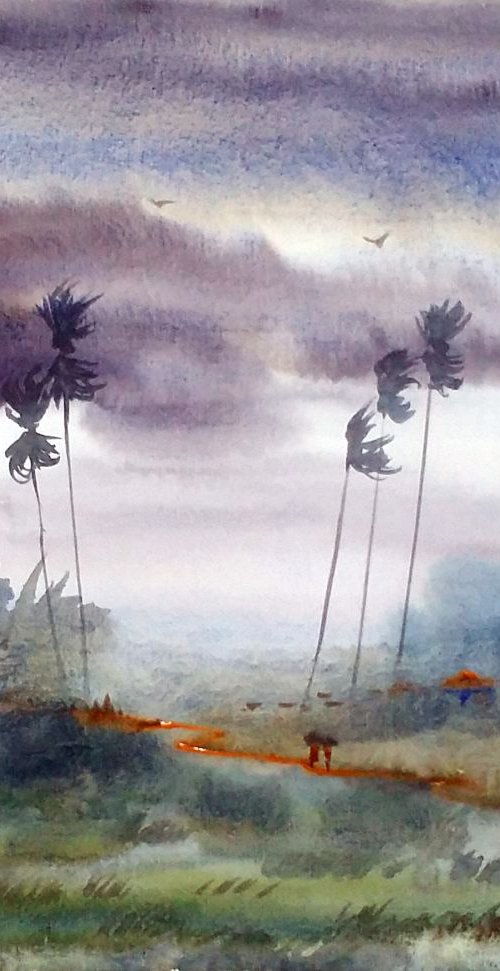 Rural Storm - Watercolor Painting by Samiran Sarkar