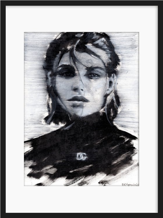 Emilia | Black and white woman portrait oil painting on paper | beautiful powerful lady face